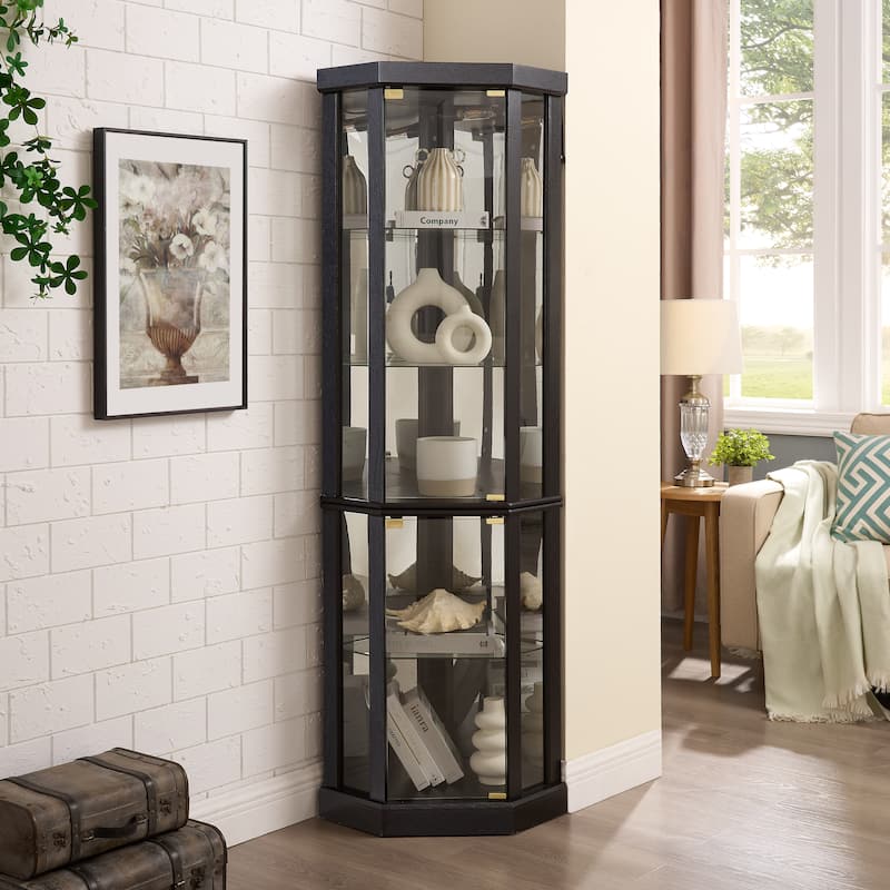 Lighted Corner Curio Cabinet Elegant Glass Display Case for Living Room & Bar Storage for Antique Collections & Wine