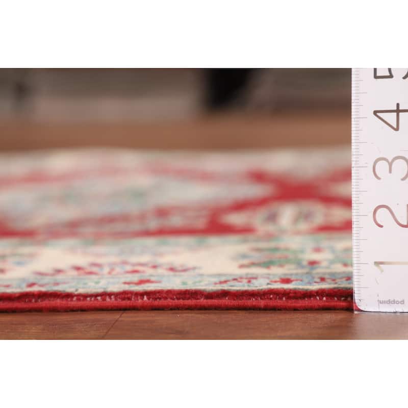 Red Geometric Kazak Rug Handmade Wool Carpet - 3'11" x 5'7"