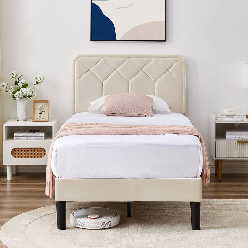 VECELO Adjustable Height Velvet Upholstered Bed Diamond Tufted Headboard with 7.8" Underbed Storage No Box Spring Needed