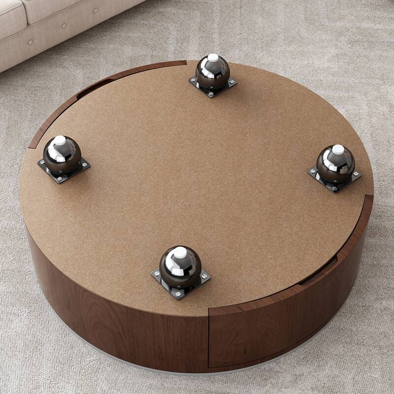 Modern Round Coffee Table with Imitation Marble Tabletop 2 Drawers and 4 Stainless Steel Legs, for Living Room