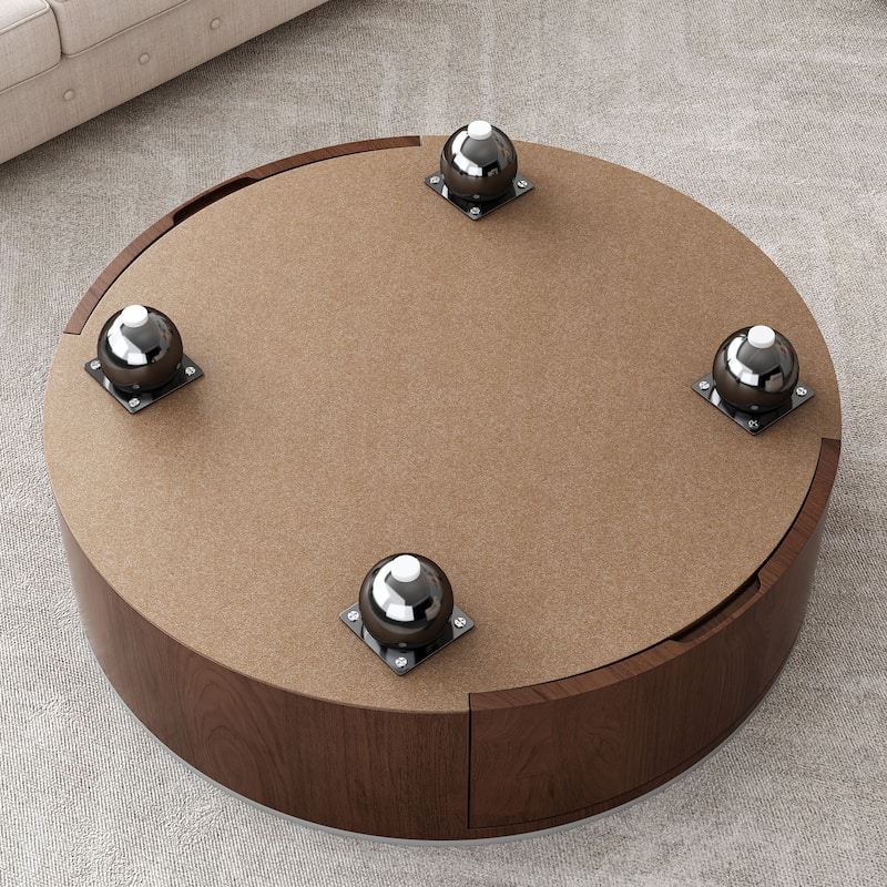 Round Coffee Table Wood Center Table with Faux Marble Tabletop, Hidden Storage Drawers and Brushed Stainless Steel Legs