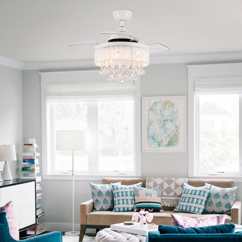 36" Modern White Crystal Retractable Ceiling Fan with Light Kit and Remote - 36" W x 36" D x 22" H