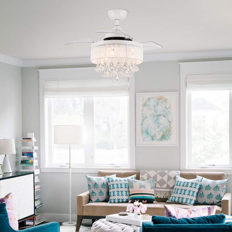 36" White Retractable 3-blade Crystal Ceiling Fan Chandelier with Remote