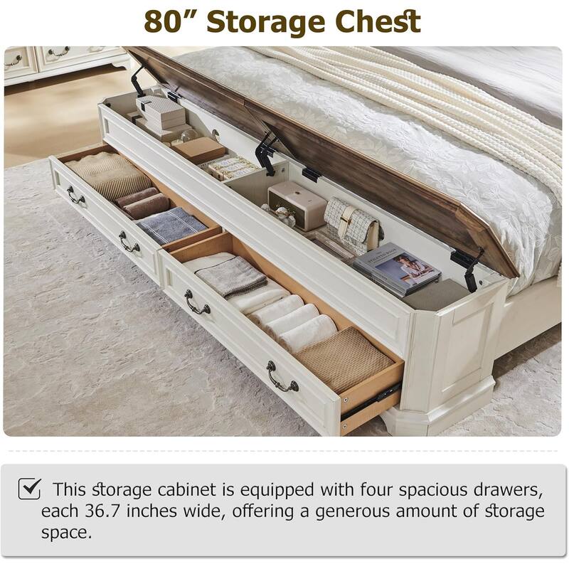 Farmhouse Bed Frame w/ Headboard & Storage Bench, Wood Platform Bed