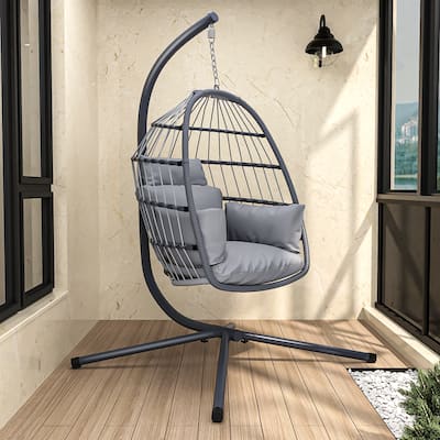 Hanging Swing Chair, Egg Chair Outdoor With Big Comfortable Cushion, Metal Frame, Detachable Base, Foldable Swing Chair