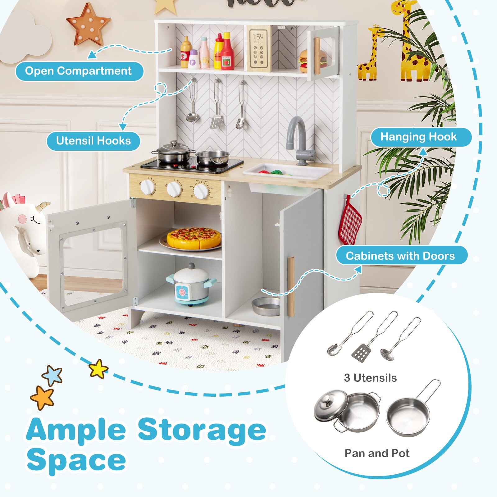 Wooden Kitchen Toy Set with Stove, Sink and Cooking Accessories
