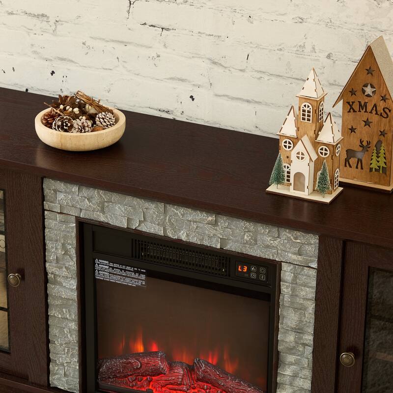 GDFStudio Eulalia Wood 2-Door Storage TV Stand with Faux Stone Mantle