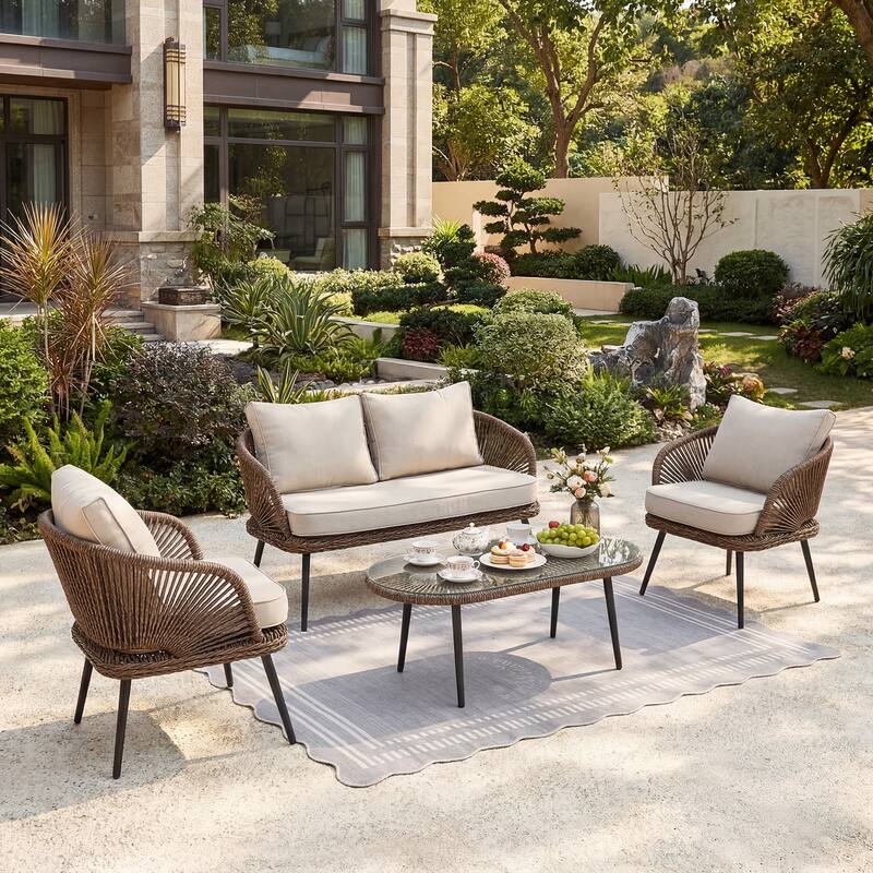 4-Person Outdoor Wicker Patio Conversation Seating Set with Coffee Table, Weather-Resistant Cushions