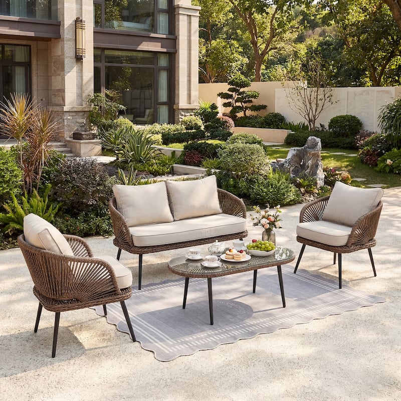 4-Person Outdoor Wicker Patio Conversation Seating Set with Coffee Table, - Natural