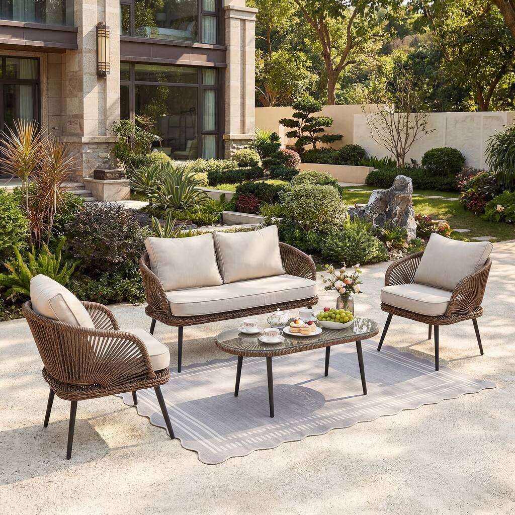 4-Person Outdoor Wicker Patio Conversation Seating Set with Coffee Table,
