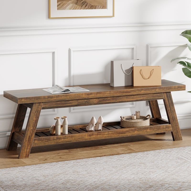 2-Tier Entryway Shoe Bench with Storage, 55-Inch Wood Storage Bench for Living Room, Bedrooms - 55.12" W x 13.78" D x 17.72" H - Brown