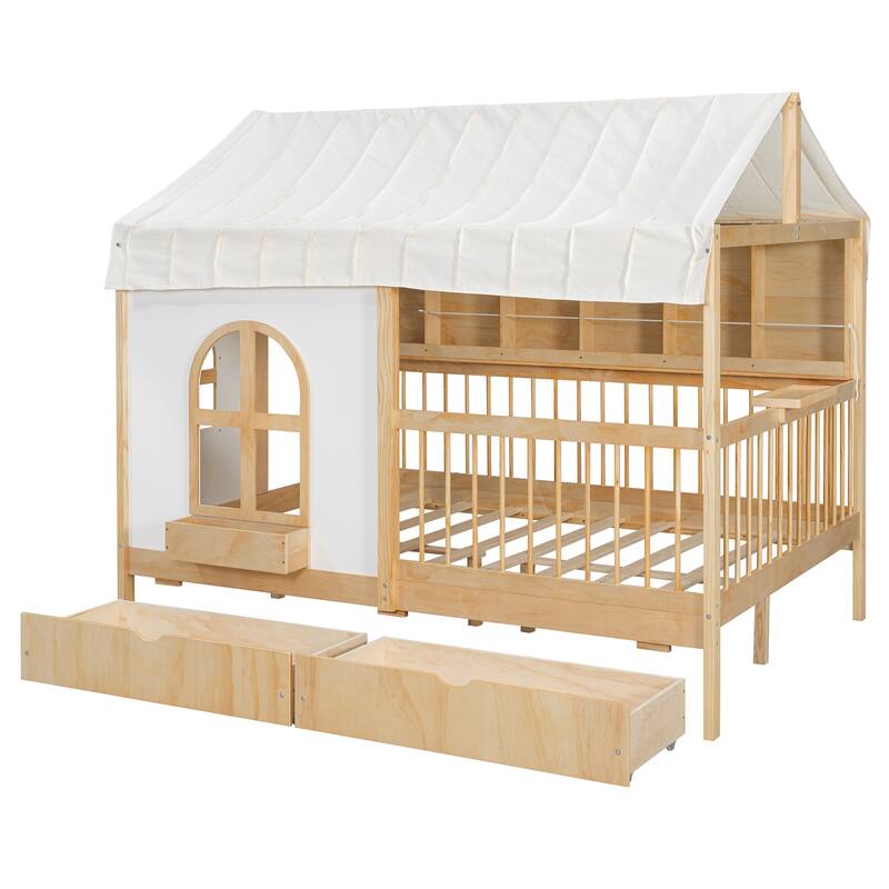 Full-Size House Bed with Bookshelf, USB Charging Station & Tent Roof by Harper&Bright Designs