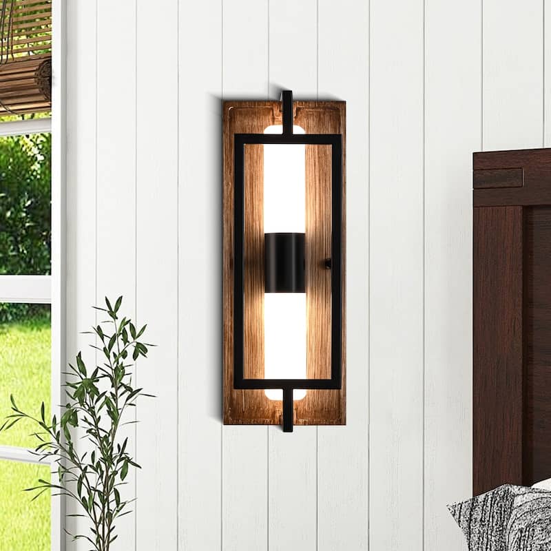 Bella Depot 12.6" Black Wall Light Farmhouse Wooden Sconce with Dimmable Led Light and Remote