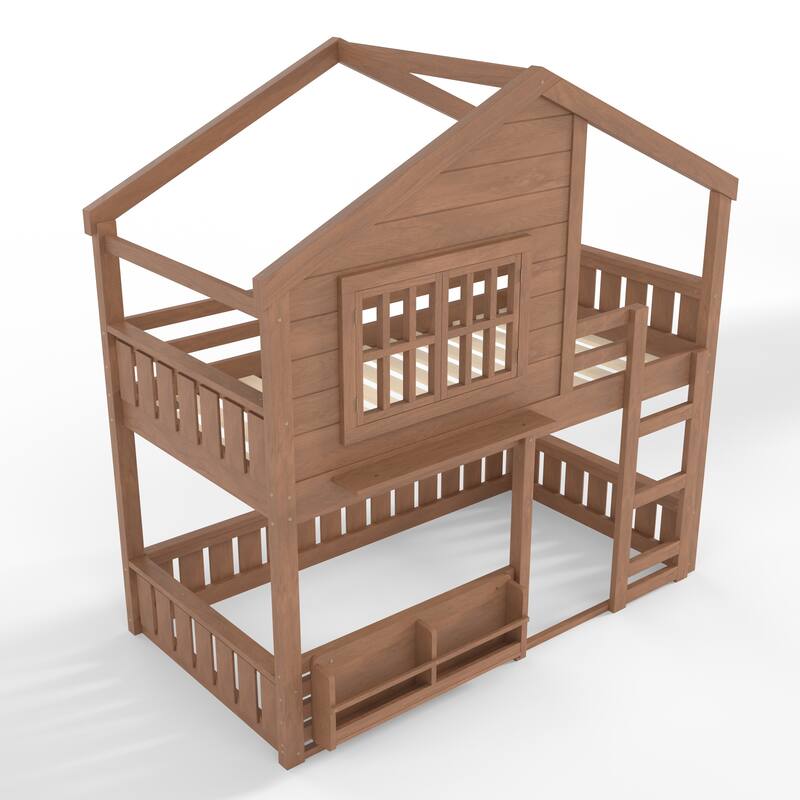 Full/Twin Bunk Bed with Bookshelf, House Design Loft Bed with Safety Fencing, High-Quality Kids Bed Frame