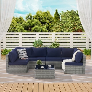 Navy Blue Outdoor Rattan 7 pieces Furniture Conversation Sectional Sofa ...