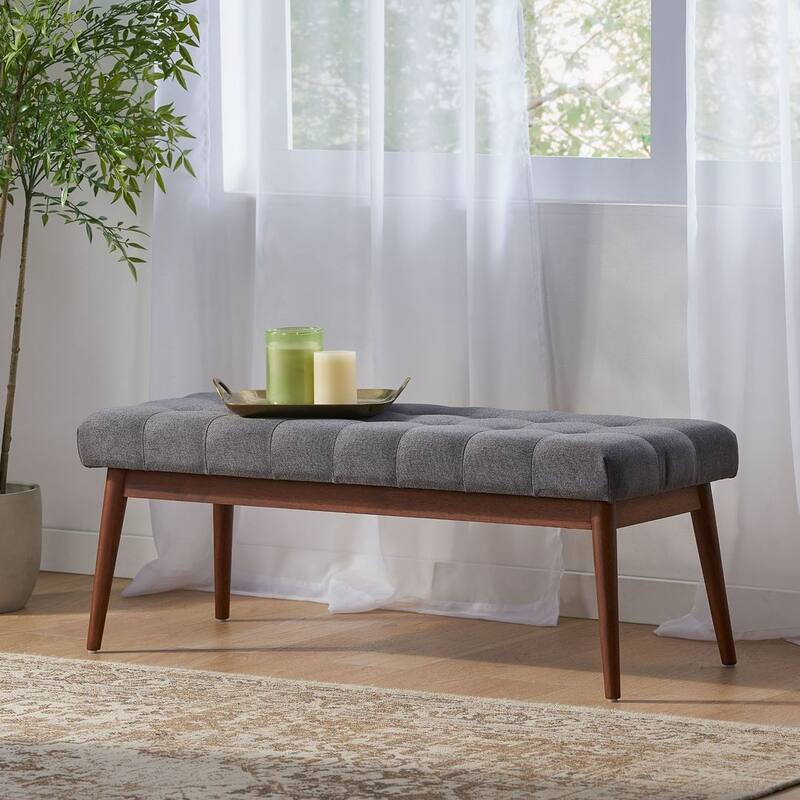 Mid-Century Tufted Ottoman with Rubberwood Frame by Christopher Knight Home