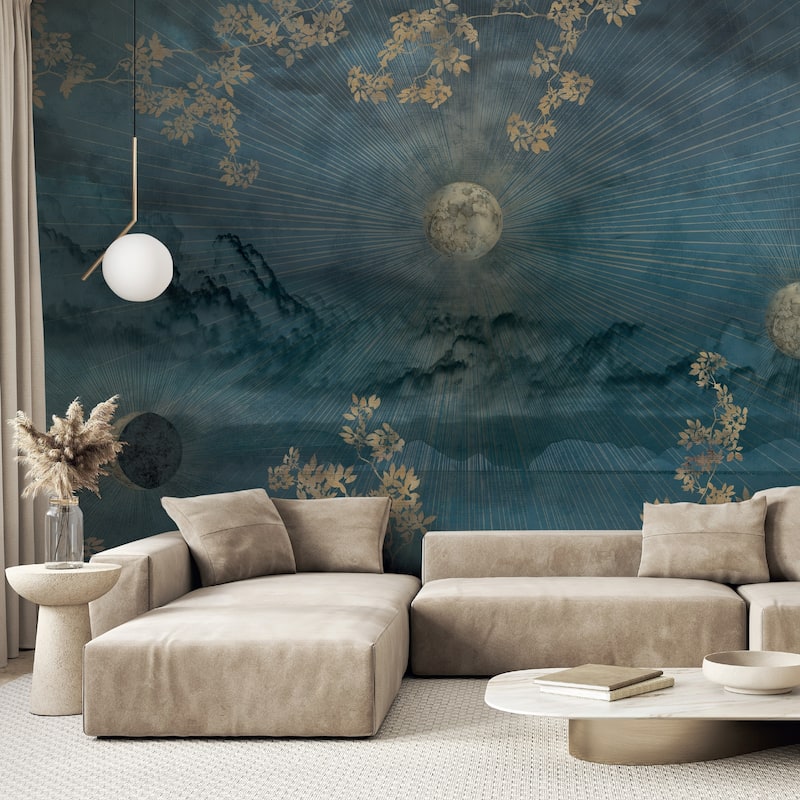 Celestial Night Sky Wallpaper Mural Golden Foliage Moon