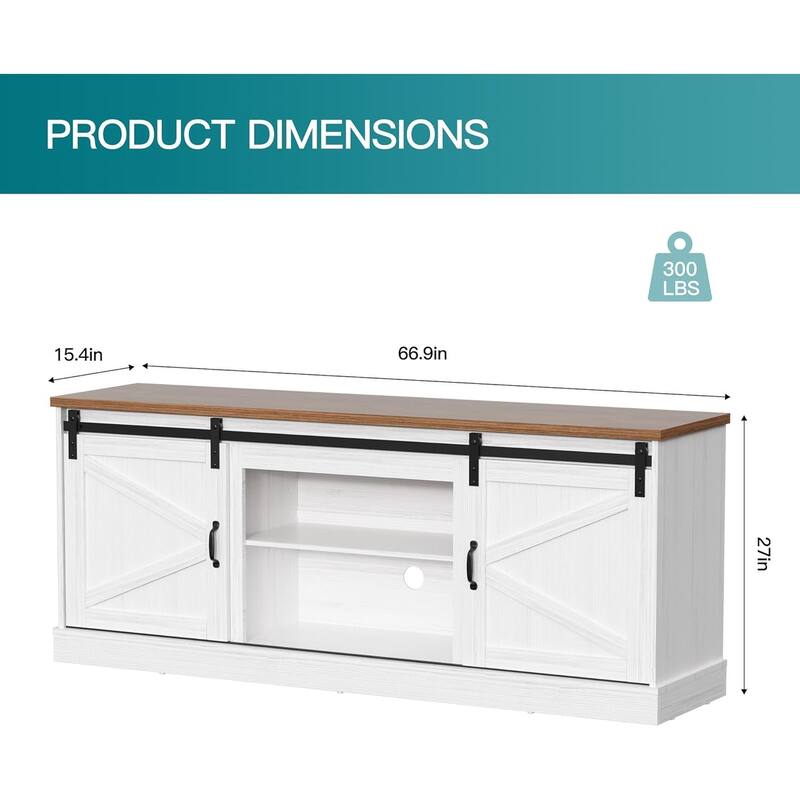67" Farmhouse TV Stand with Large Cabinet with Sliding Barn Door & Fireplace