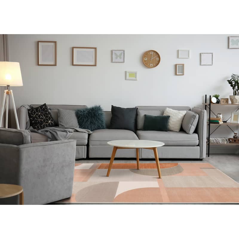 Bloom Collection - Pink/Grey/Cream Modern Art Area Rug, 5'3" x 7'7"