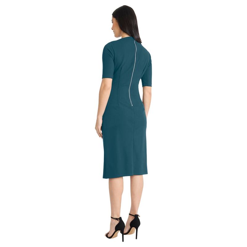 Maggy London Mock Neck Short Sleeve Draped Midi Sheath Dress
