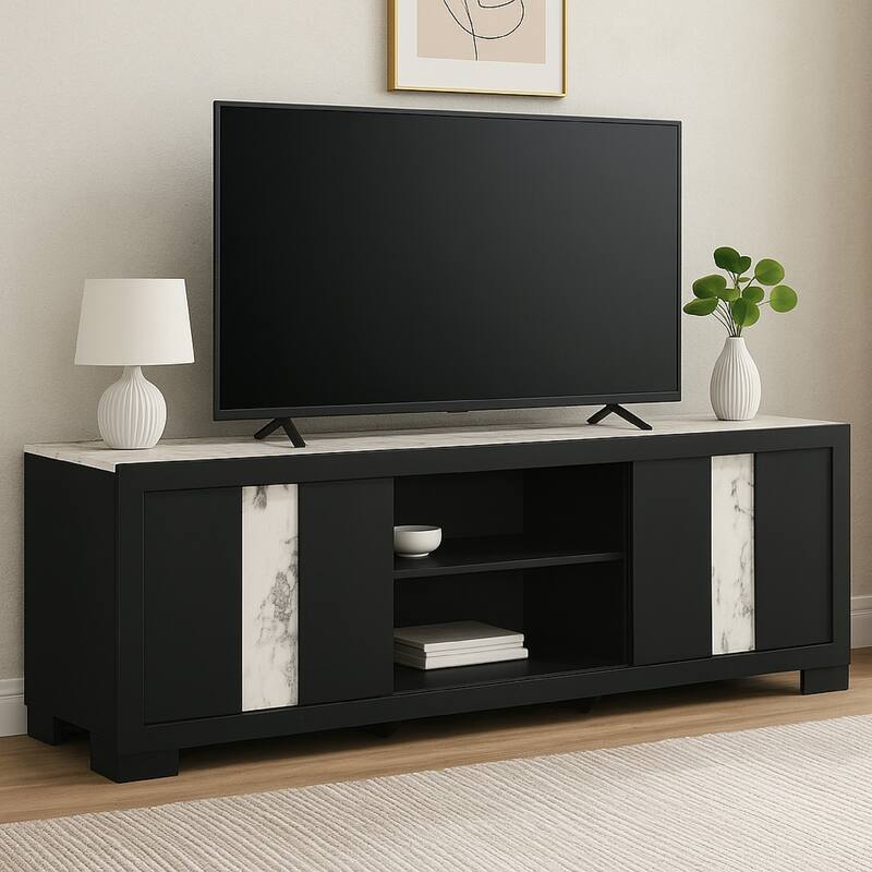 Amey TV Stand Media Cabinet, 2 Sliding Doors and 2 Shelves, Black Wood