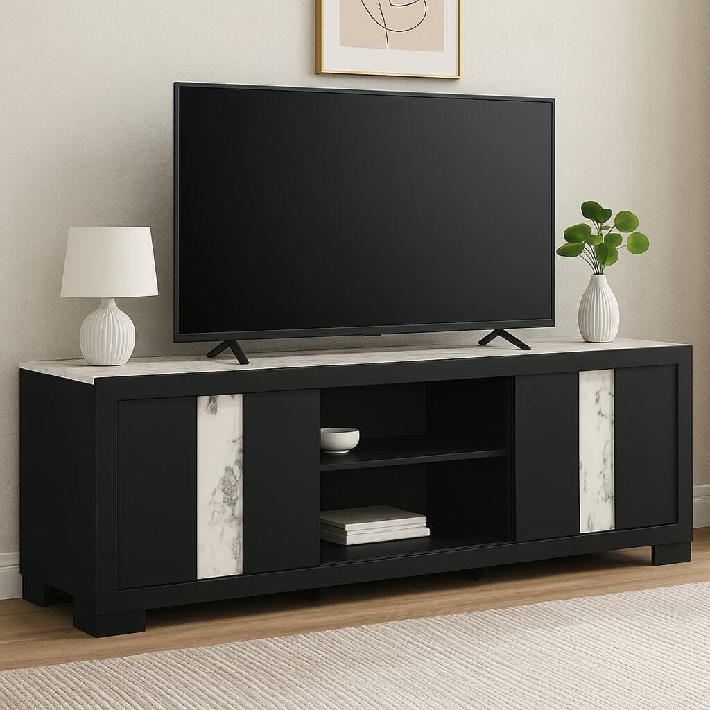 Amey TV Stand Media Cabinet, 2 Sliding Doors and 2 Shelves, Black Wood