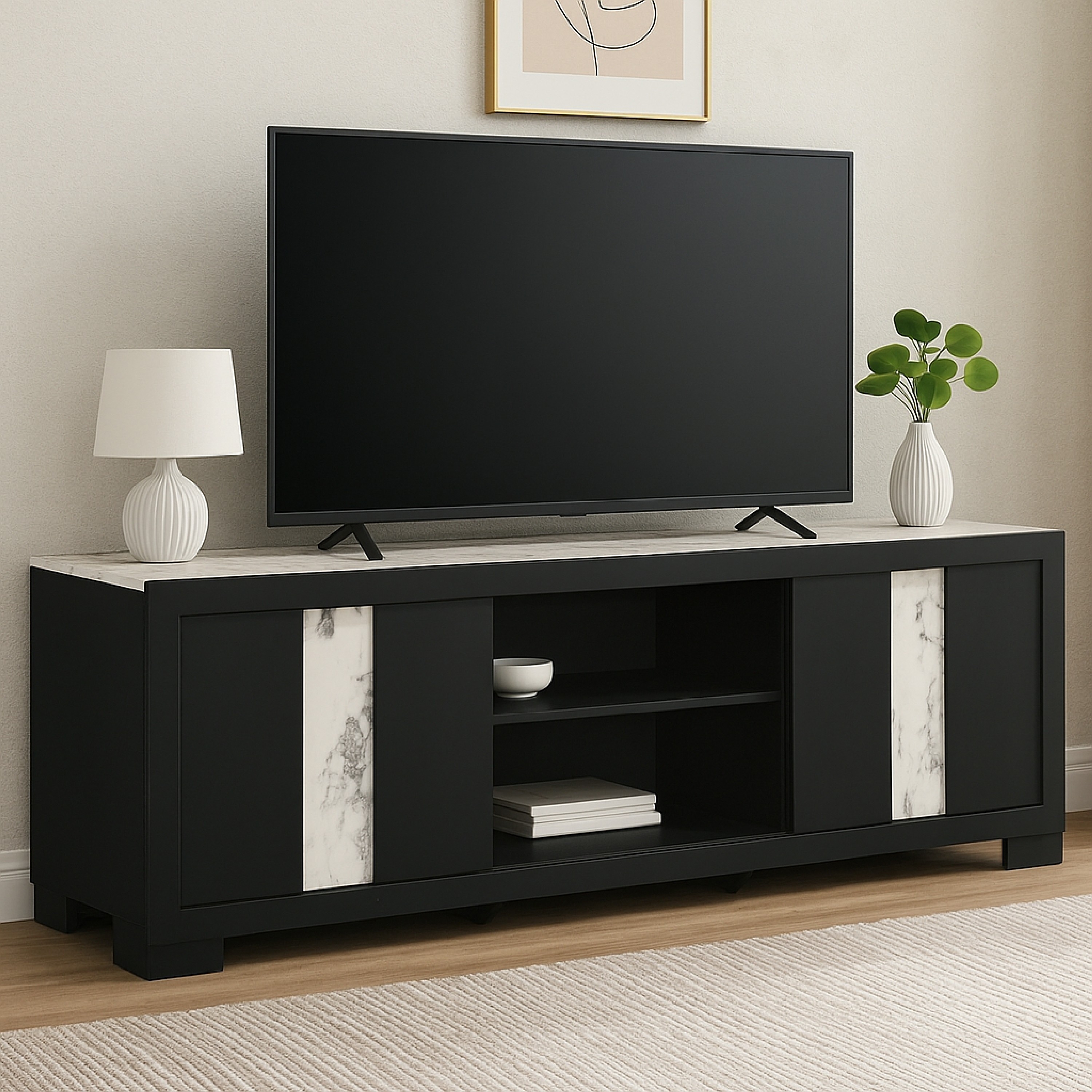 Amey TV Stand Media Cabinet, 2 Sliding Doors and 2 Shelves, Black Wood