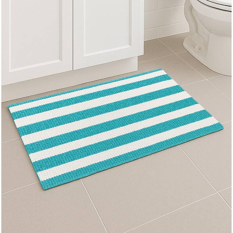 47"x27" - Light Blue White Stripes Soft Cozy Plush Chenille Bath Mat Bathroom Rug - 47" x 27" - Light Blue & White