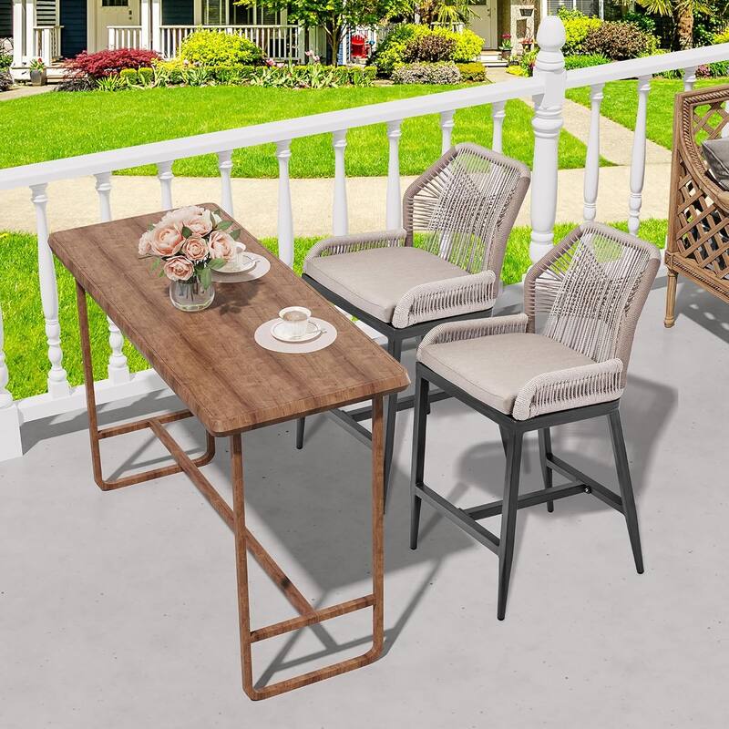 Woven Outdoor Counter Height Bar Stools Chairs Set of 2, Rattan Garden Counter Stools with Aluminum Frame