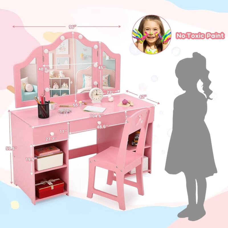 Kids Vanity Set, 2-in-1 Princess Makeup Table with Tri-Folding Mirror & Drawer