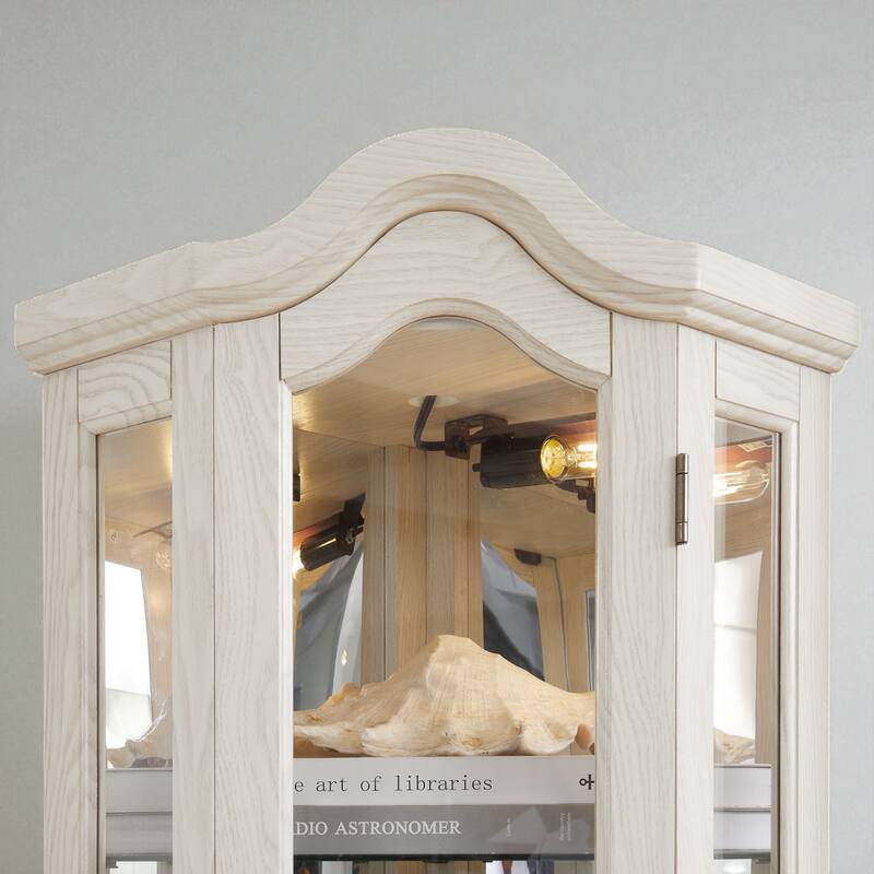 Lighted Corner Curio Cabinet with Tempered Glass Doors, Adjustable Shelves, Oak Finish Display Storage for Home Decor