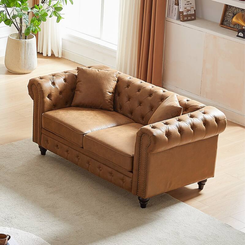 Button-Tufted Chesterfield 63.5" Sofa - Tech Fabric, Wooden Legs, Pillows