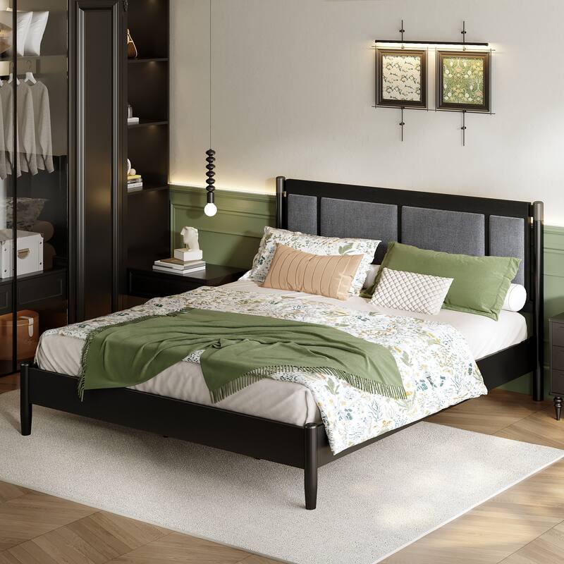 Roomfitters King Wood Platform Bed Frame, Heavy Duty 600lbs Support, Upholstered Headboard with Metal Accents