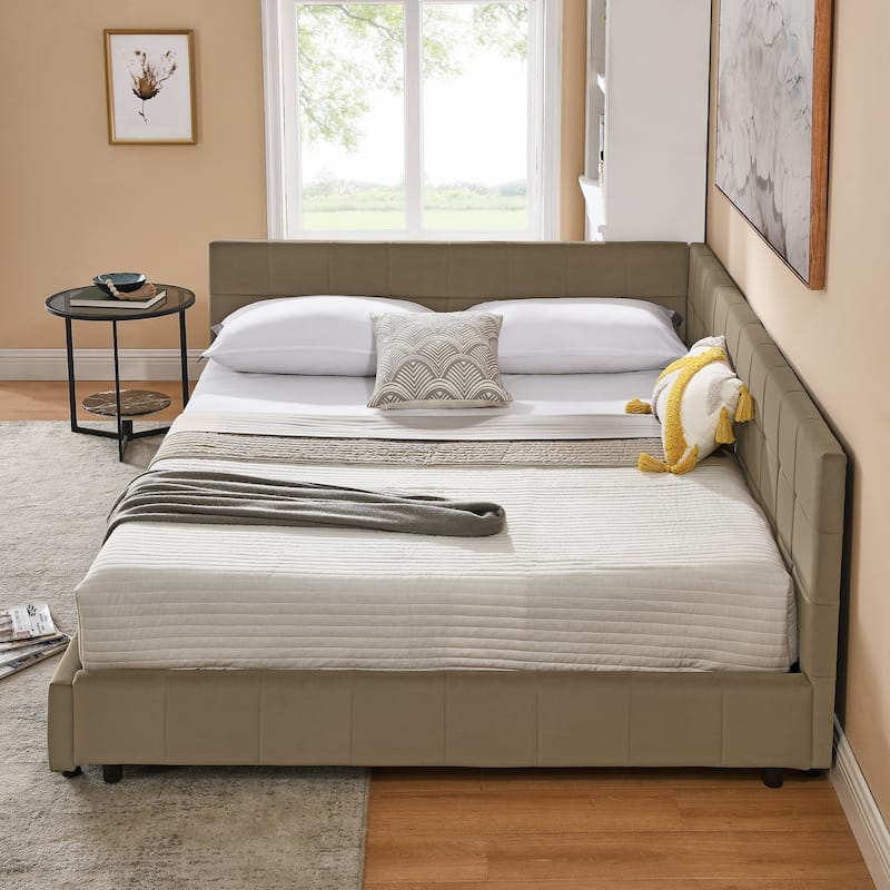 Mid-Century Velvet Queen Daybed with Tufted Backrest and Armrest, Convertible Sofa Bed Frame, Sturdy Upholstered Platform
