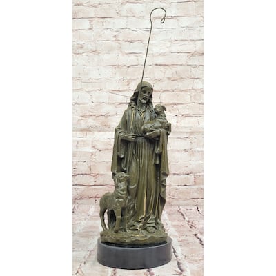 Jesus As Shepherd With Lambs Bronze Sculpture - Religious Christian Art