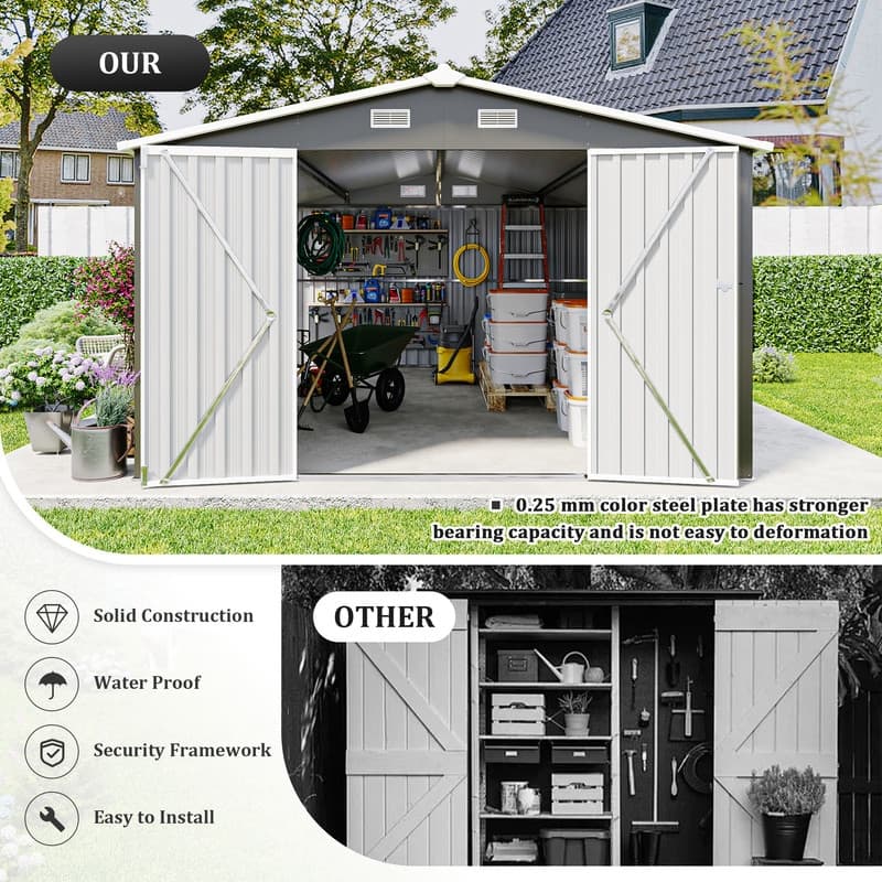 Outdoor Storage Shed - 10×14 FT Dimensions, Triple Lockable Doors, Metal Frame Construction, 4 Ventilation Openings.
