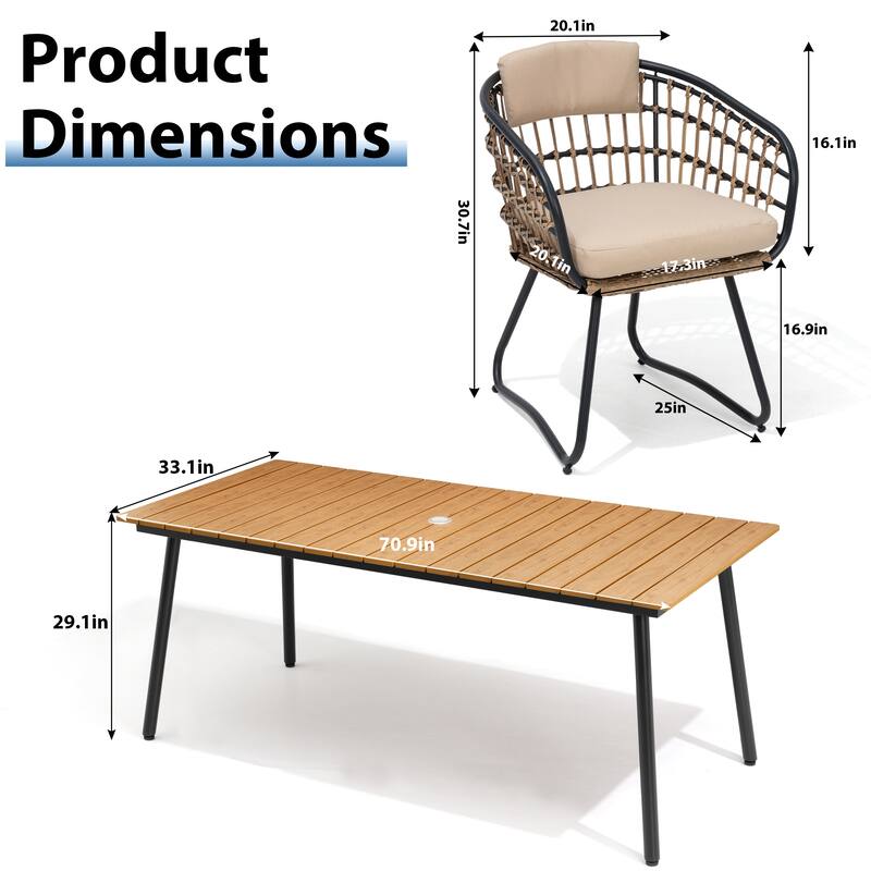 7-Piece Outdoor Patio Dining Set Wood-Like Table Top Alumium Umbrella Hole Table with Rattan Chairs