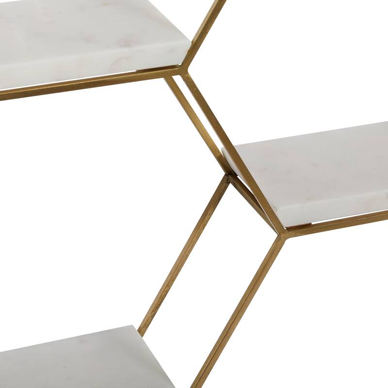 Geometric Metal Hexagon Wall Shelf with 3 Marble Shelves - Gold or Silver - 24 x 6 x 24
