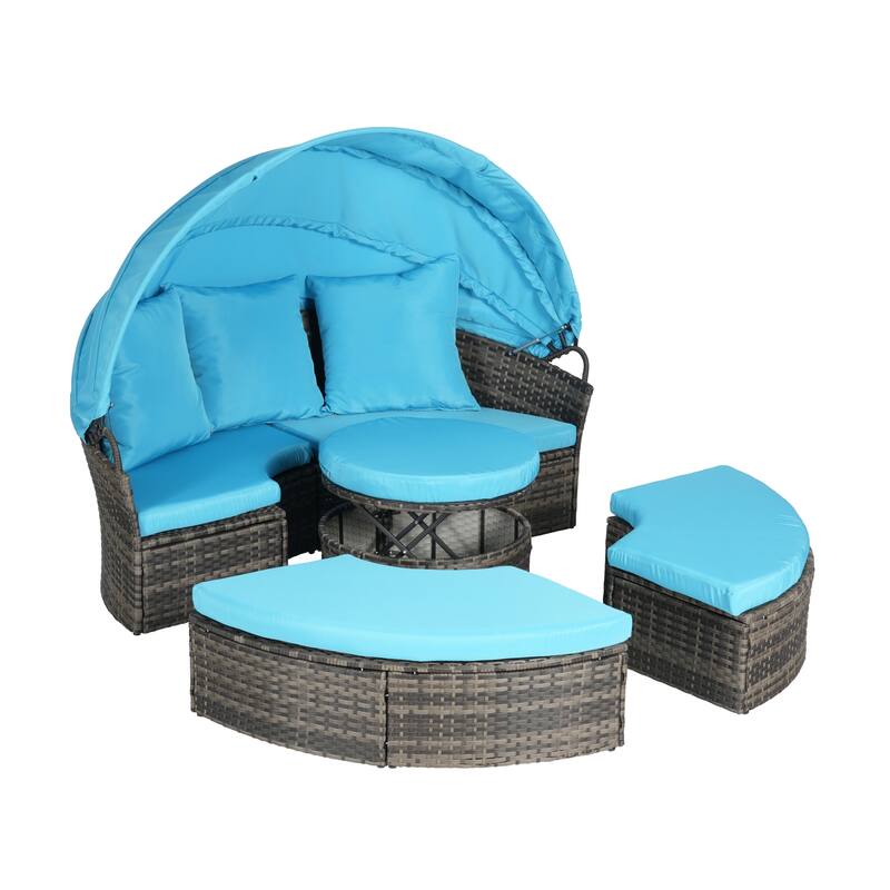 Outdoor Round Daybed with Retractable Canopy, Cushions, Table,Set of 5