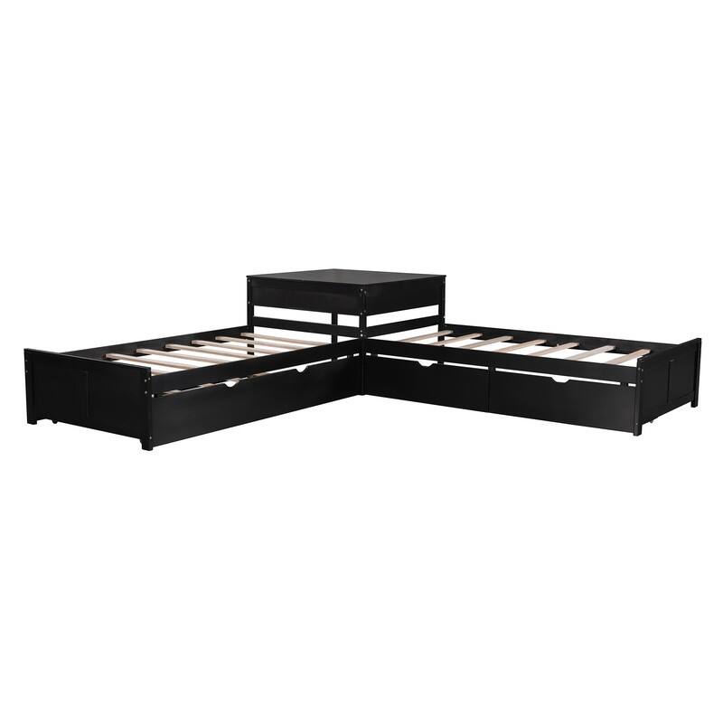 Twin Size L-Shaped Corner Platform Beds with Trundle and Drawers Linked with Built-in Desk