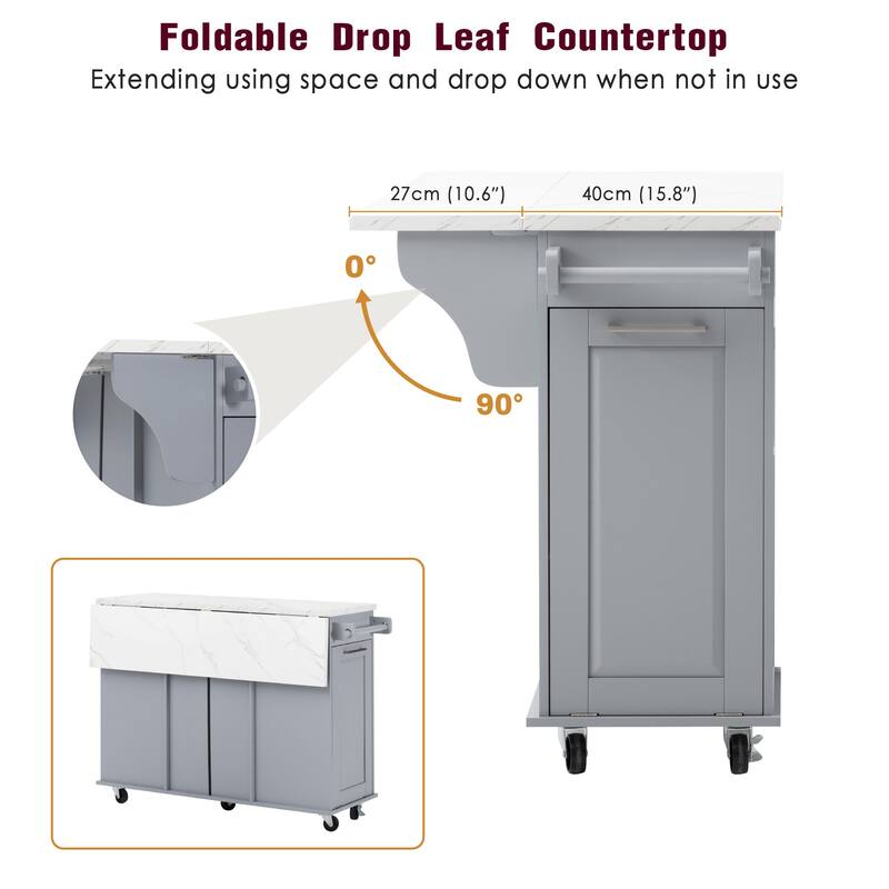 50.7" Rolling Kitchen Island with Tilt Trash Cabinet, Drop Leaf, Pull-Out Organizer, 2 Drawers and 1 Door
