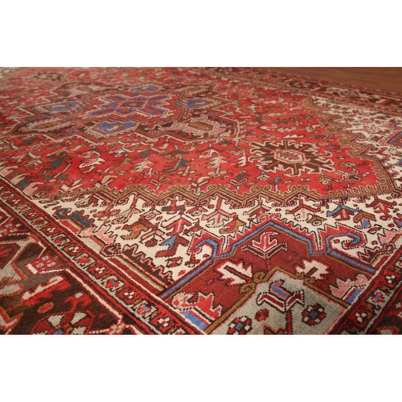 Geometric Heriz Persian Vintage Area Rug Hand-Knotted Red Wool Carpet - 7'5"x 10'9"