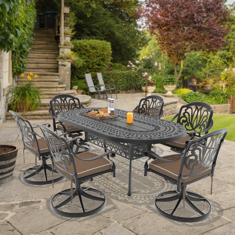 7-Piece Aluminum Oval Outdoor Patio Dining Set, 6 Cushioned Swivel Chairs, Table, All-Weather Frames