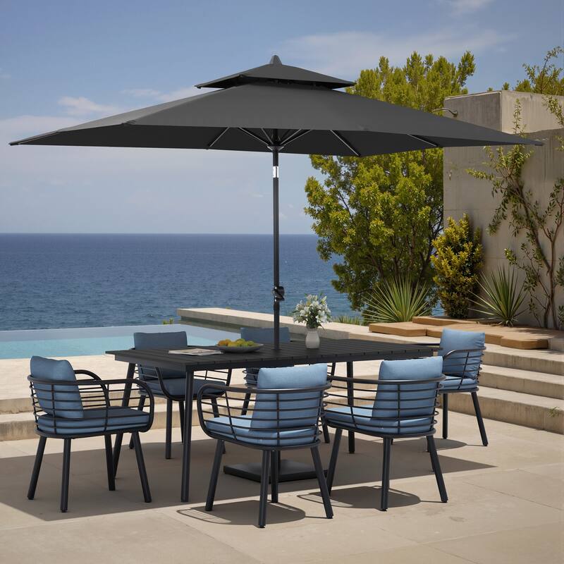 9PC Outdoor Patio Dining Set Aluminum Table with Sunbrella Cushion Chairs w/ Market Umbrella Sets - BlackTable&SdmChairs&BlackUmbrella