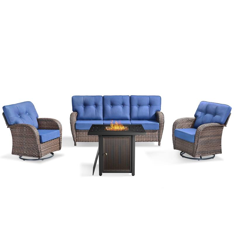 Pocassy Outdoor 30 In Fire Table with Sofa Swivel Chair Set