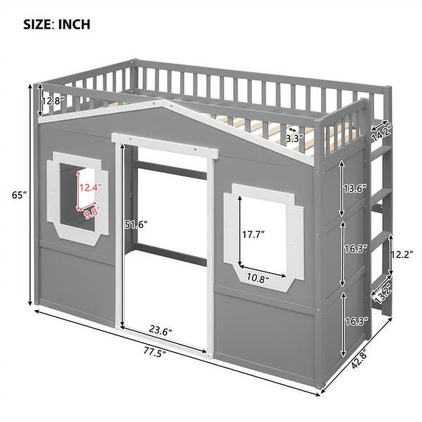 dimension image slide 4 of 8, Solid Wood House Loft Bed with Window Design and Ladder, Twin/Full Size Playhouse Bed Loft Bed Frame with Guardrail for Kids