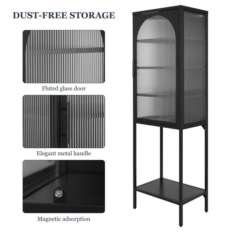 Stylish Tempered Glass High Cabinet with Arched Door Adjustable Shelves and Feet Anti-Tip Dust-free Fluted Glass Kitchen