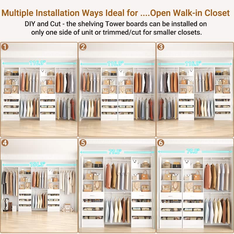 Set of 2 Closet System with Wooden Drawers and Hanging Rods, Closet Organizer with Adjustable Storage Shelves