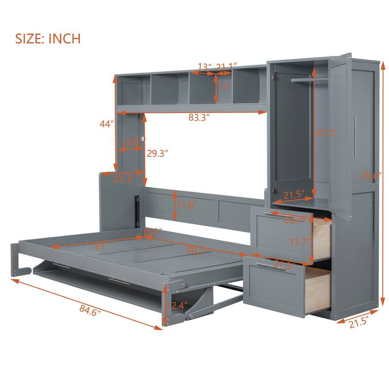 Queen Size Murphy Bed Frame Storage Murphy Bed Space-Saving Wall Bed with Wardrobe and 2 Drawers, No Box Spring Needed, Grey