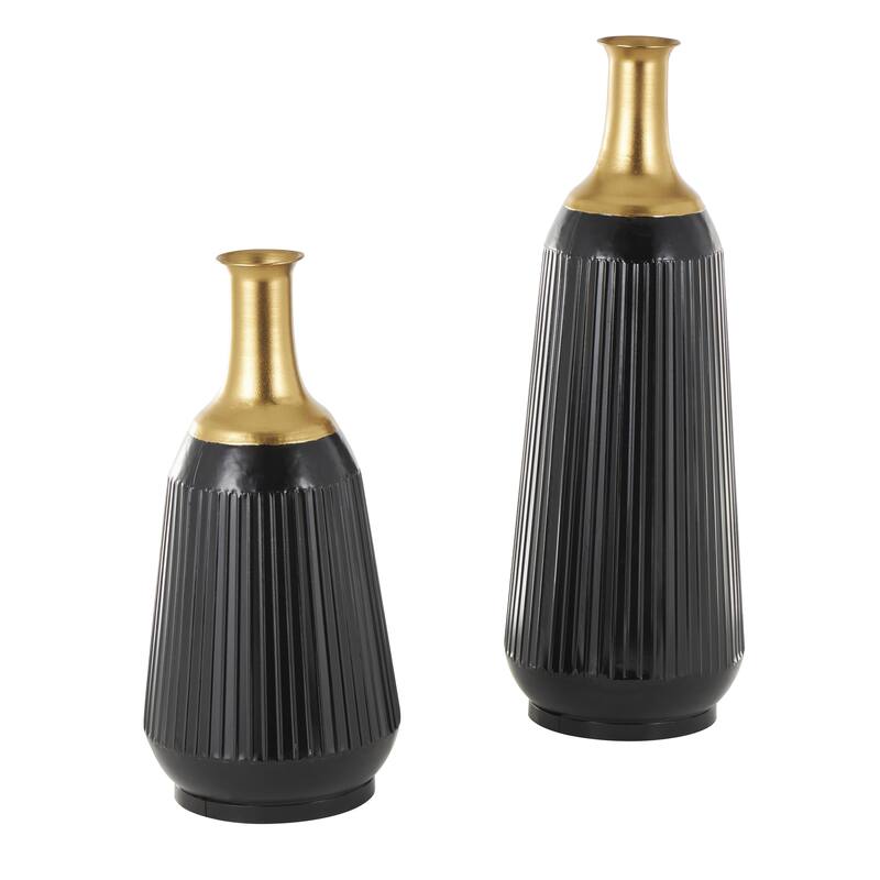 Metal Tall Ribbed Decorative Vase with Gold Tops - Set of 2 Black - Roche River Decor